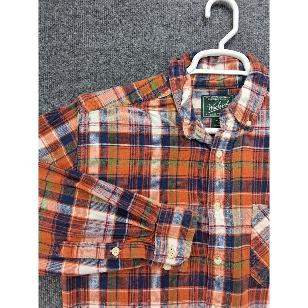 Woolrich Flannel  Shirt Mens Medium Orange Plaid Button Down Long Sleeve